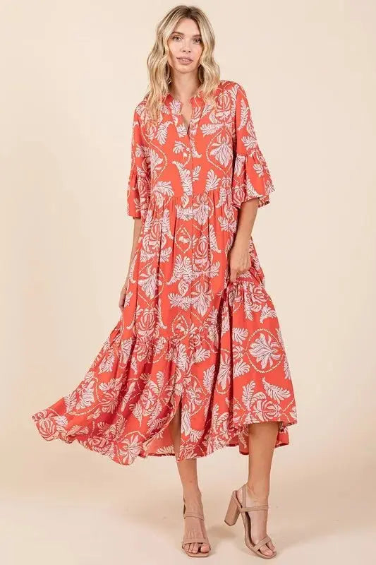 Mittoshop Abstract Leaf Print Tiered Ruffle Dress Women - Love Salve